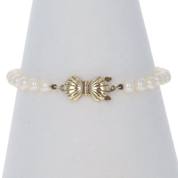 Yellow Gold Pearl Knotted Strand Bracelet 7" - 14k - Picture 2 of 6